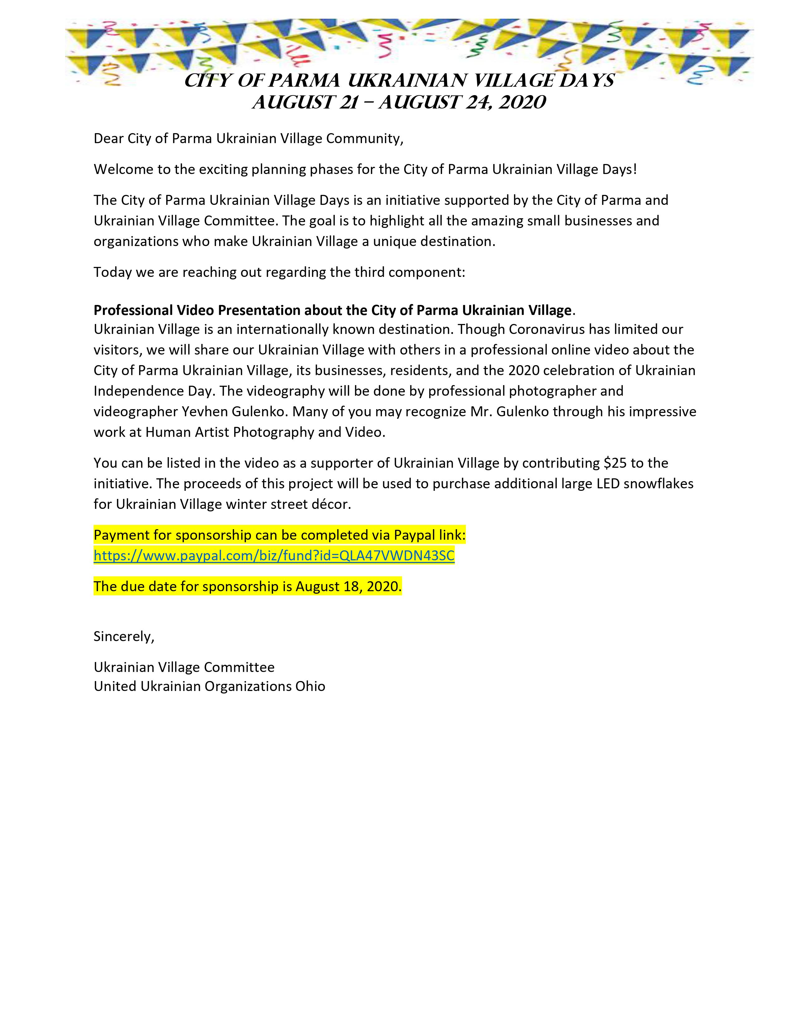 Sponsor Ukrainian Village Days 2020